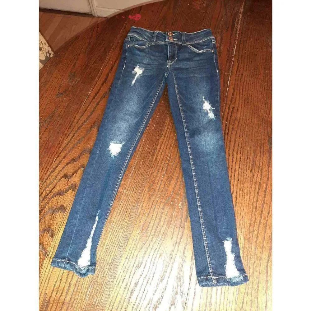 Girls Size 7 Imperial Star Distessed Denim Blue Jeans Double Snap
